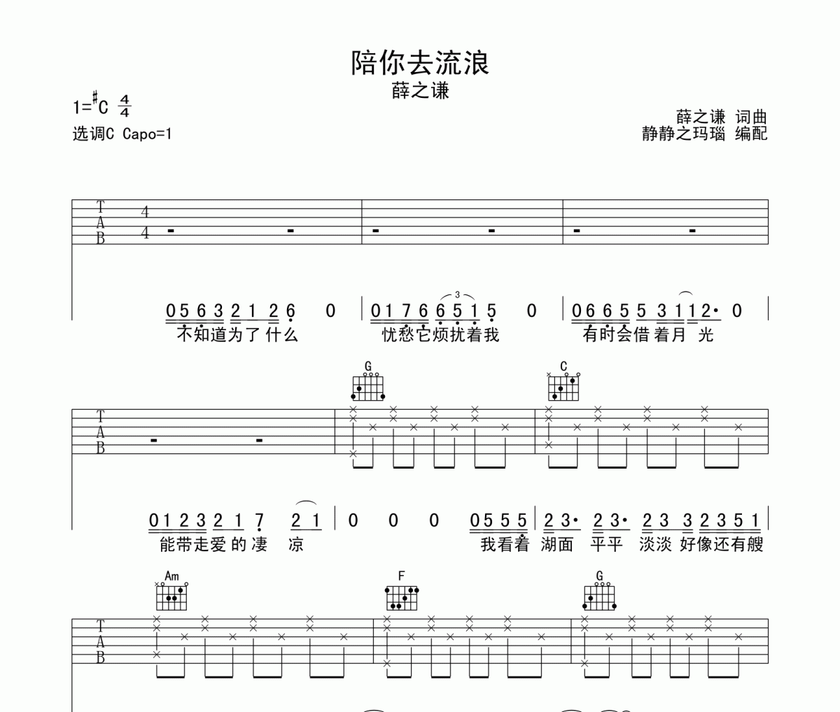 陪你去流浪吉他谱 薛之谦《陪你去流浪》C调六线谱