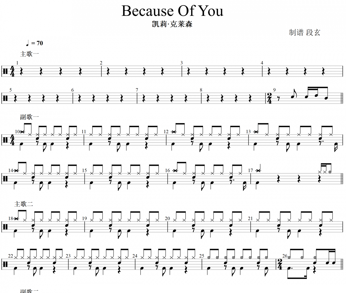 Because Of You鼓谱 凯莉·克莱森-Because Of You(原版)架子鼓谱
