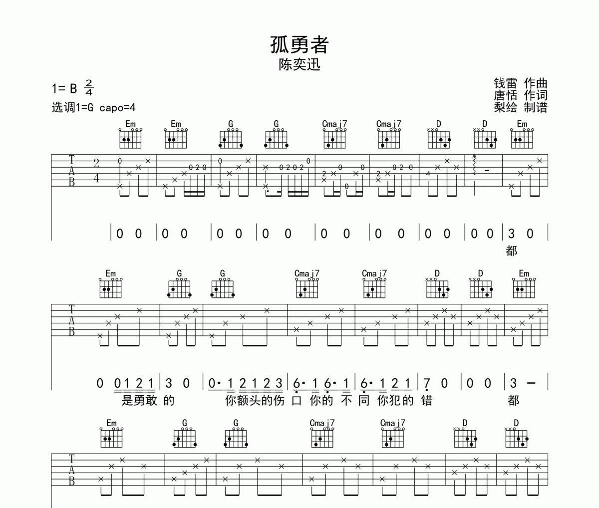 孤勇者吉他谱 陈奕迅-孤勇者G调高清谱