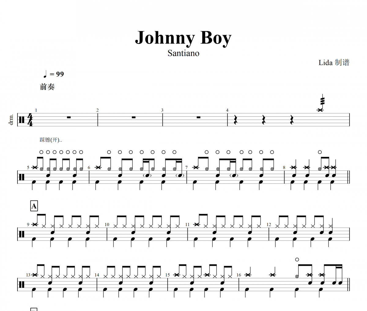 Johnny Boy鼓谱 Santiano-Johnny Boy架子鼓谱