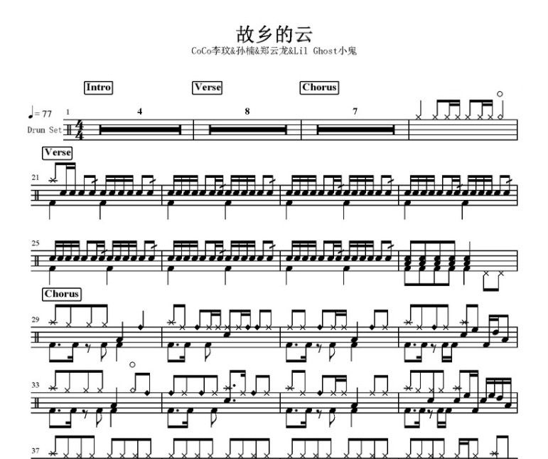 CoCo李玟/孙楠/郑云龙/Lil Ghost小鬼-故乡的云架子鼓谱 