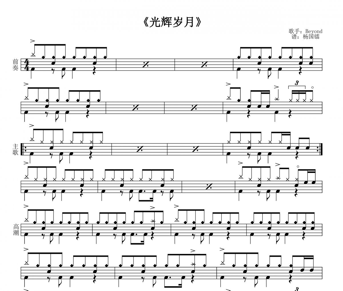 光辉岁月架子鼓谱 beyond乐队-光辉岁月爵士鼓谱