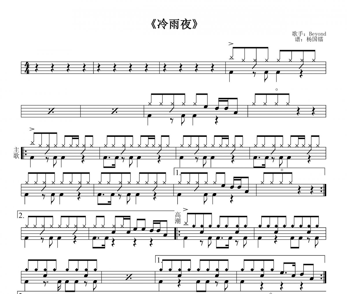 冷雨夜架子鼓谱 beyond乐队-冷雨夜爵士鼓谱