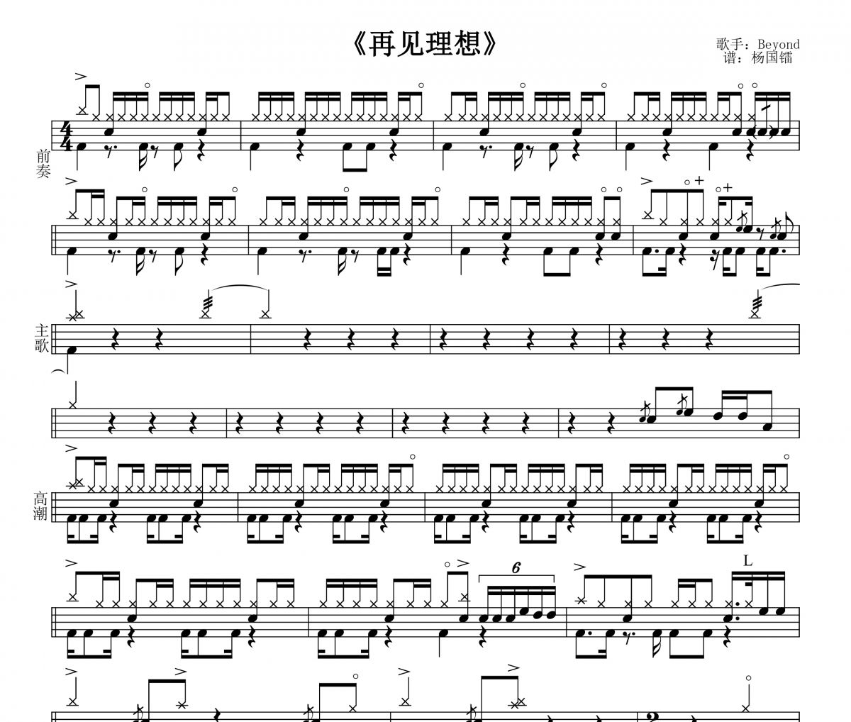 再见理想架子鼓谱 beyond乐队-再见理想爵士鼓谱