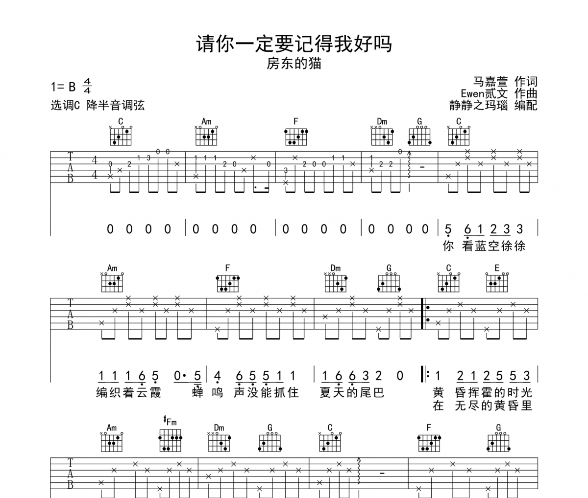 请你一定要记得我好吗六线谱 房东的猫吉他谱
