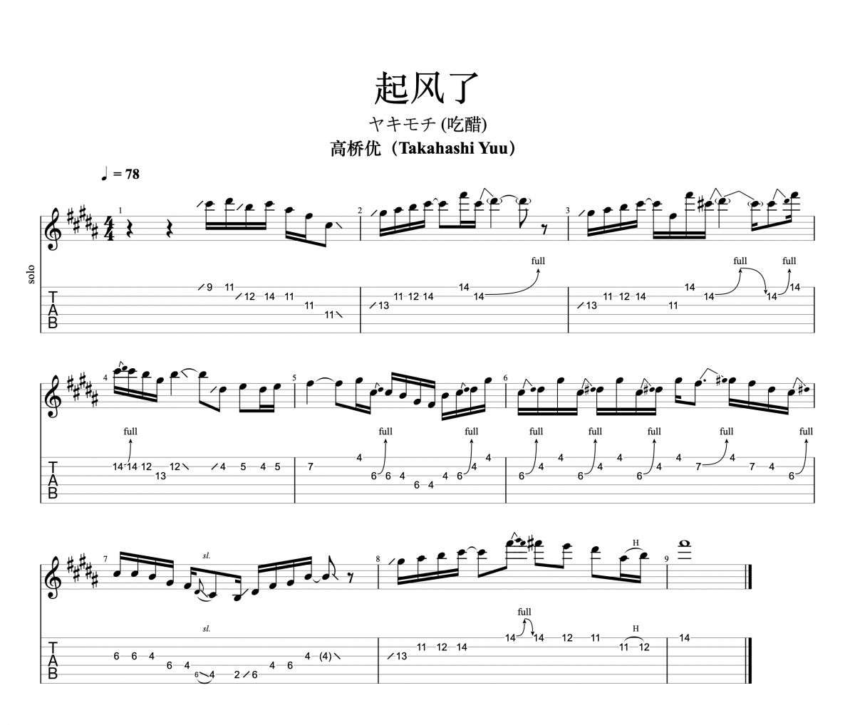 高桥优（Takahashi Yuu）-起风了 ヤキモチ (吃醋)  电吉他谱SOLO