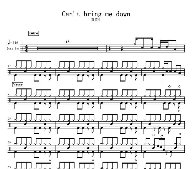 黄贯中-Can't bring me down架子鼓谱