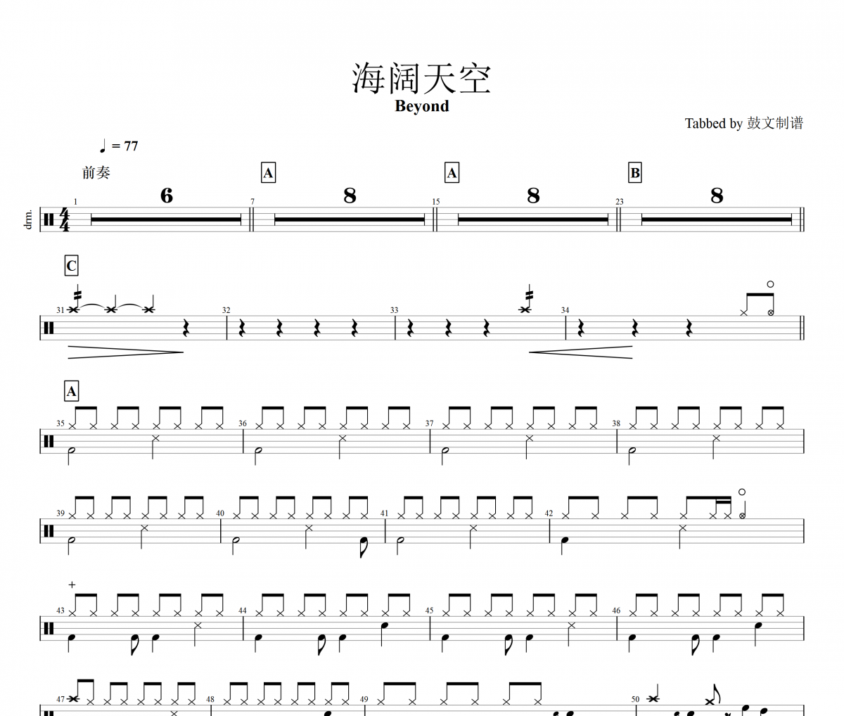 Beyond乐队-海阔天空架子鼓谱爵士鼓谱