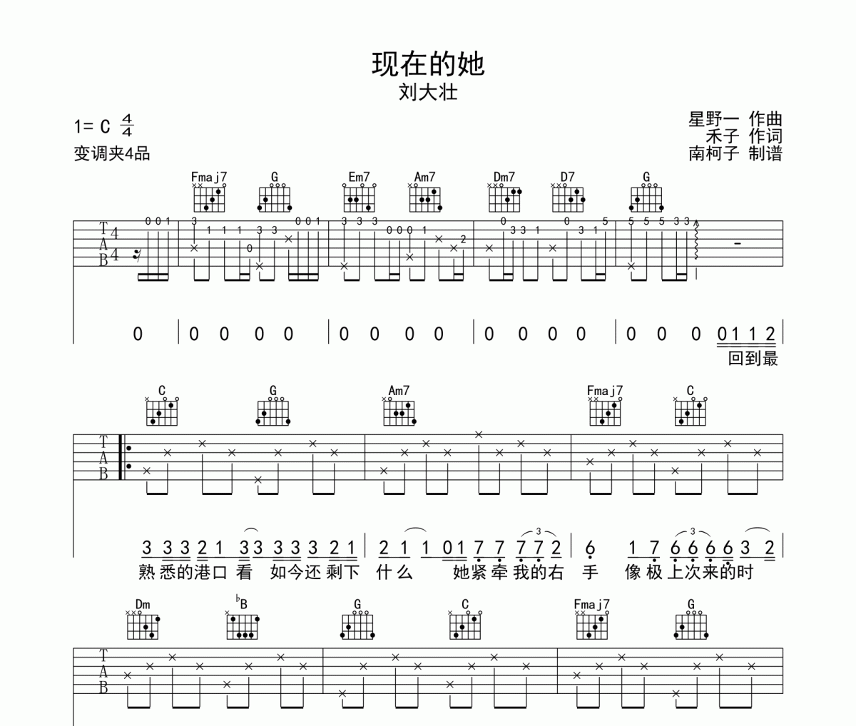 刘大壮《现在的她》吉他谱六线谱C调
