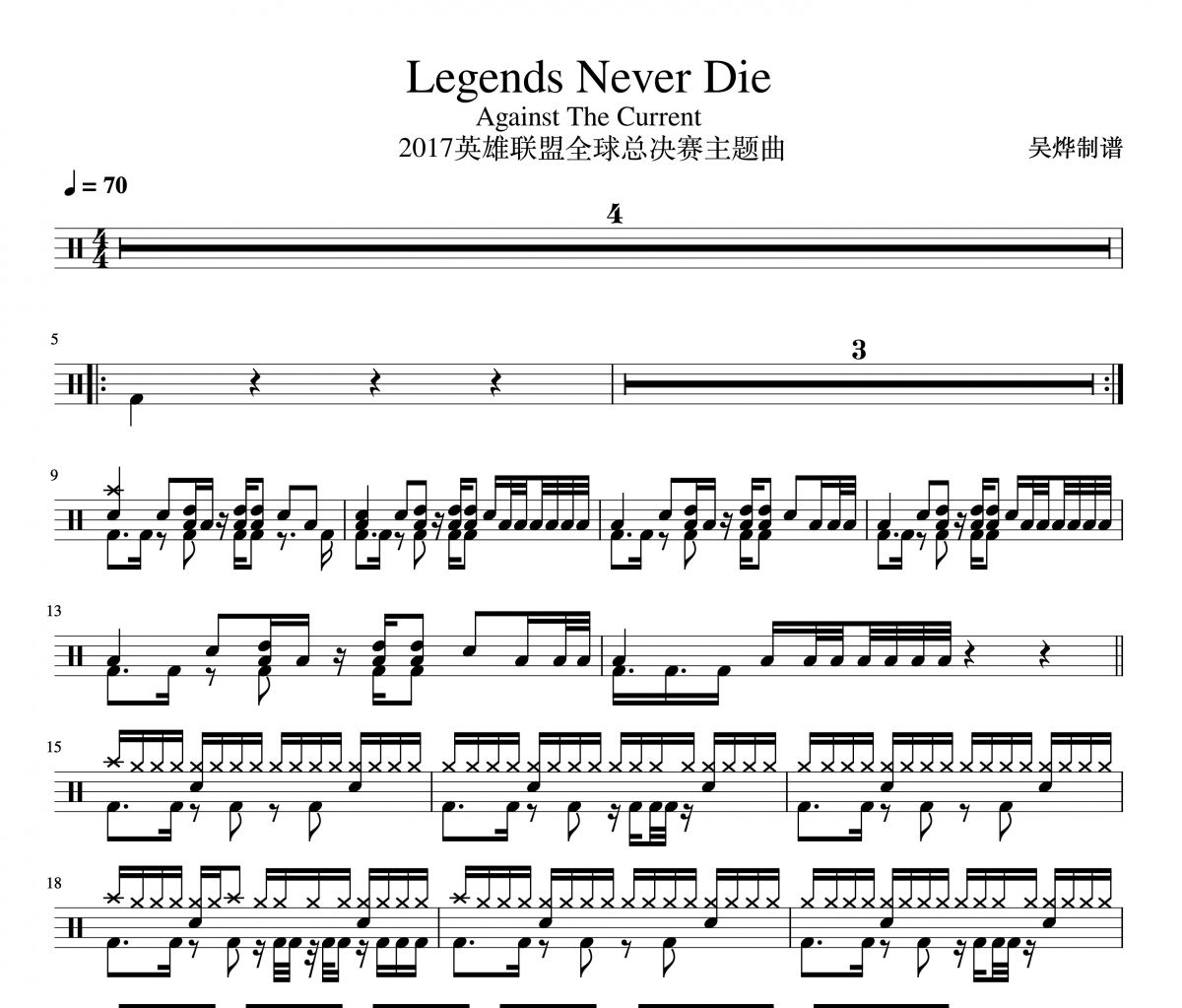 Against The Current-Legends Never Die （2017英雄联盟全球总决赛主题曲）架子鼓谱