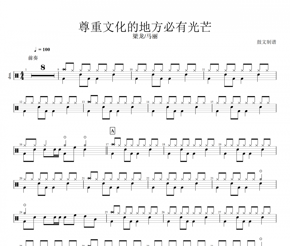 马丽/梁龙-尊重文化的地方必有光芒-电影东北虎主题曲架子鼓谱