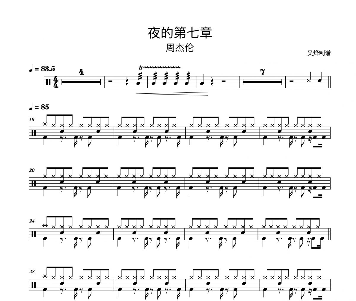 周杰伦/潘儿-夜的第七章（精扒版）架子鼓谱