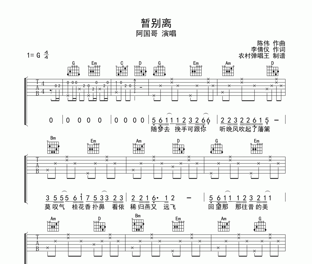 暂别离吉他谱 阿国哥-暂别离G调弹唱谱