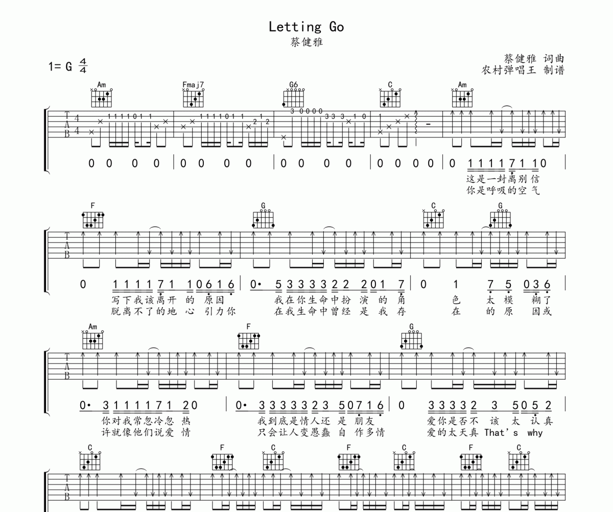 LETTING GO吉他谱 蔡健雅-LETTING GO吉他弹唱谱