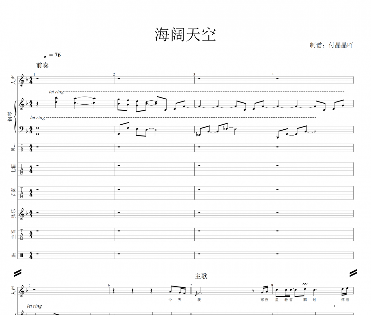 beyond乐队-海阔天空(总谱)架子鼓+键盘+贝斯+吉他谱