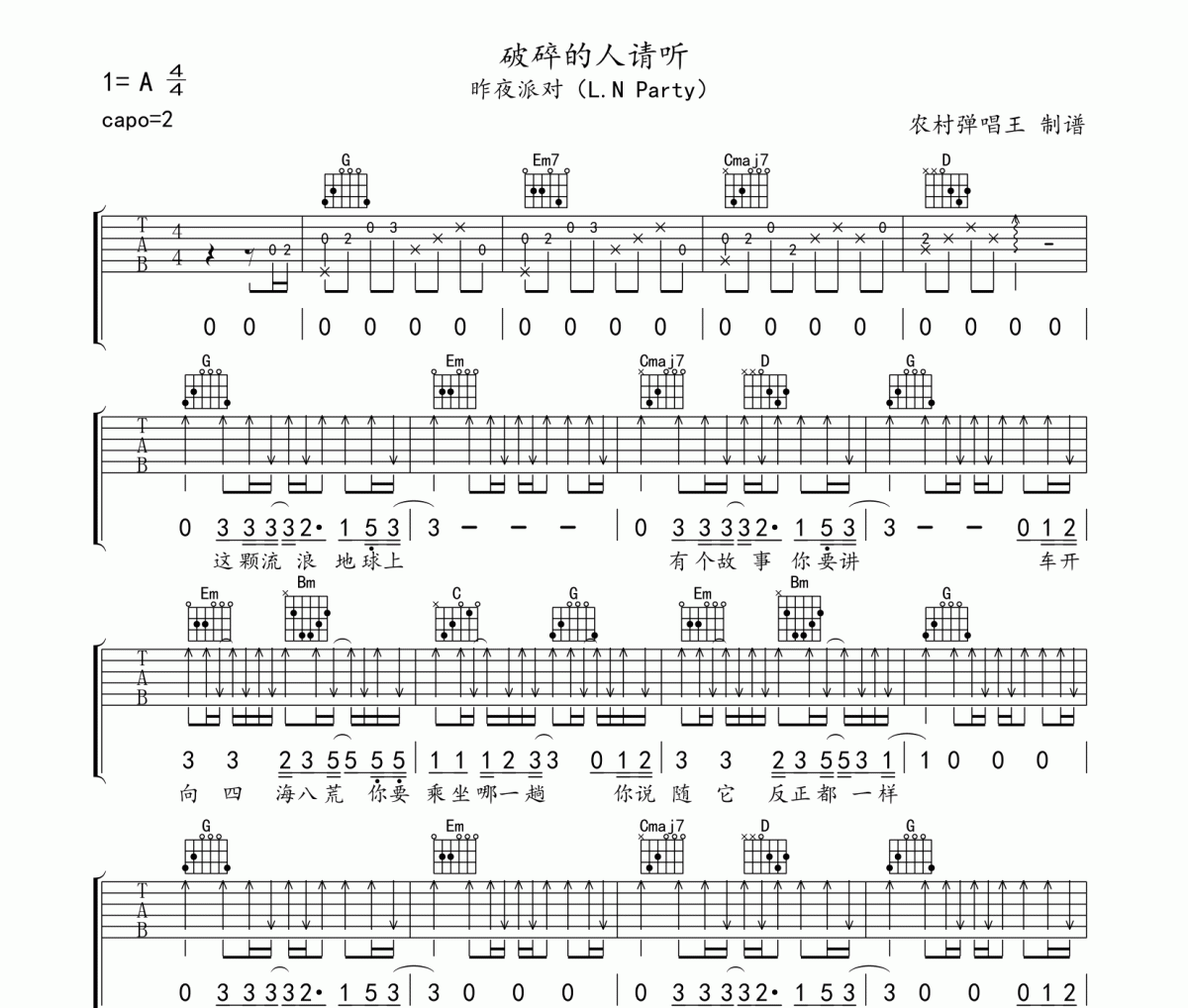 昨夜派对《破碎的人请听》吉他谱六线谱G调编配