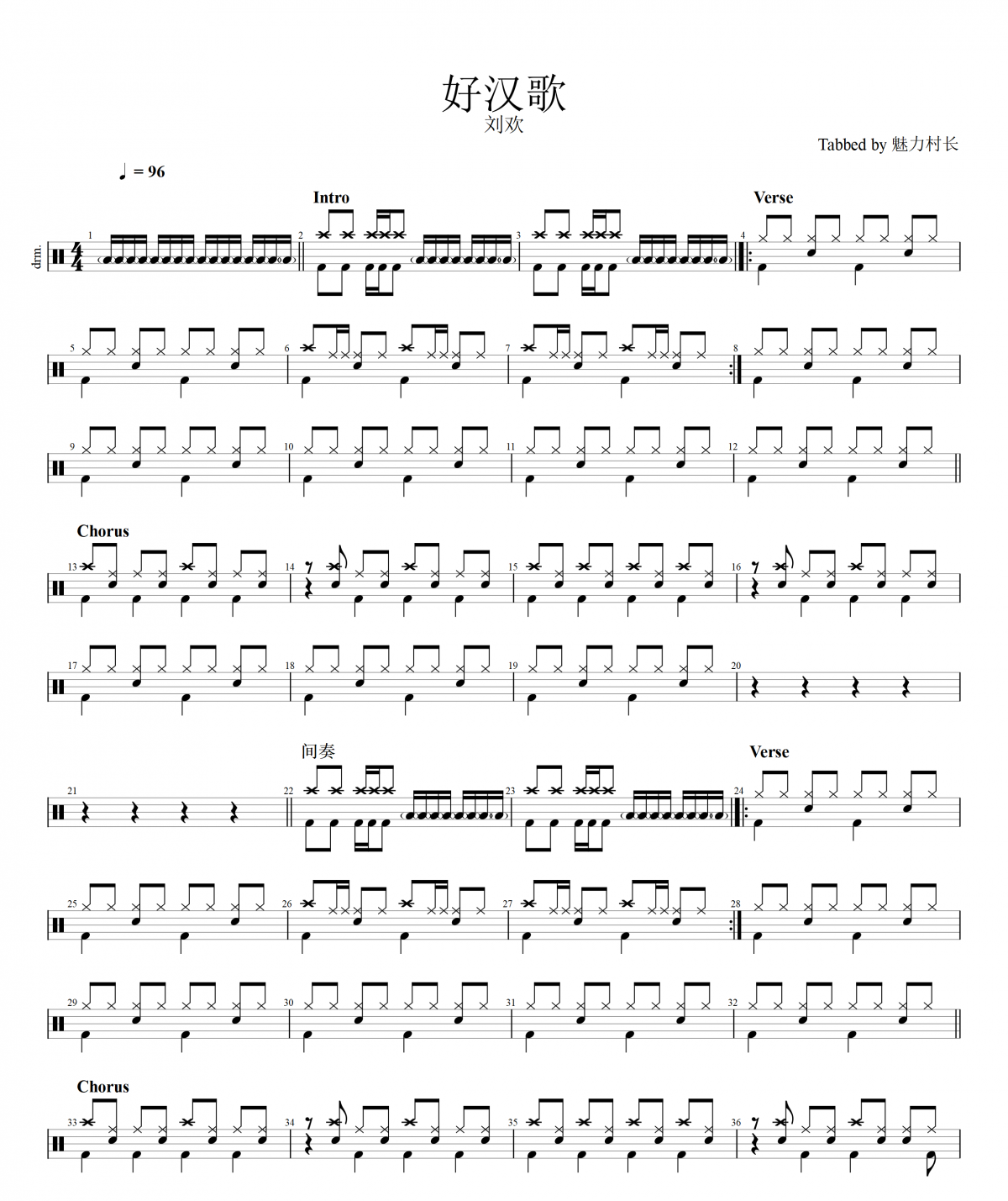 好汉歌架子鼓谱 刘欢-好汉歌爵士鼓曲谱