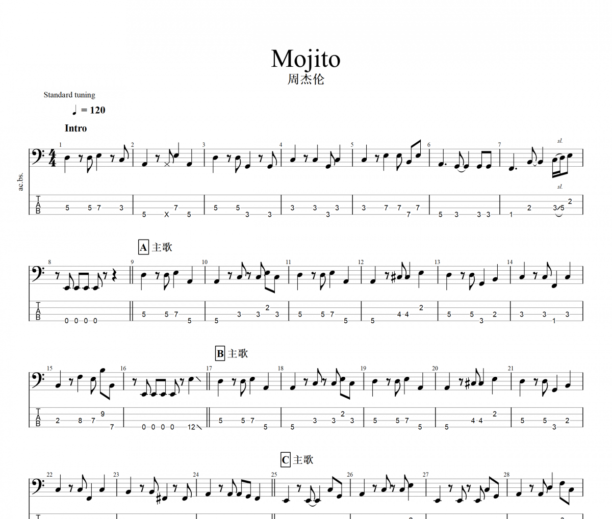Mojito贝斯谱 周杰伦-Mojito贝司BASS谱