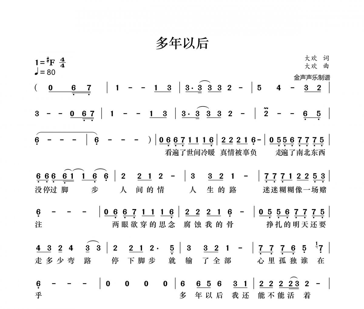 大欢-多年以后简谱#F调
