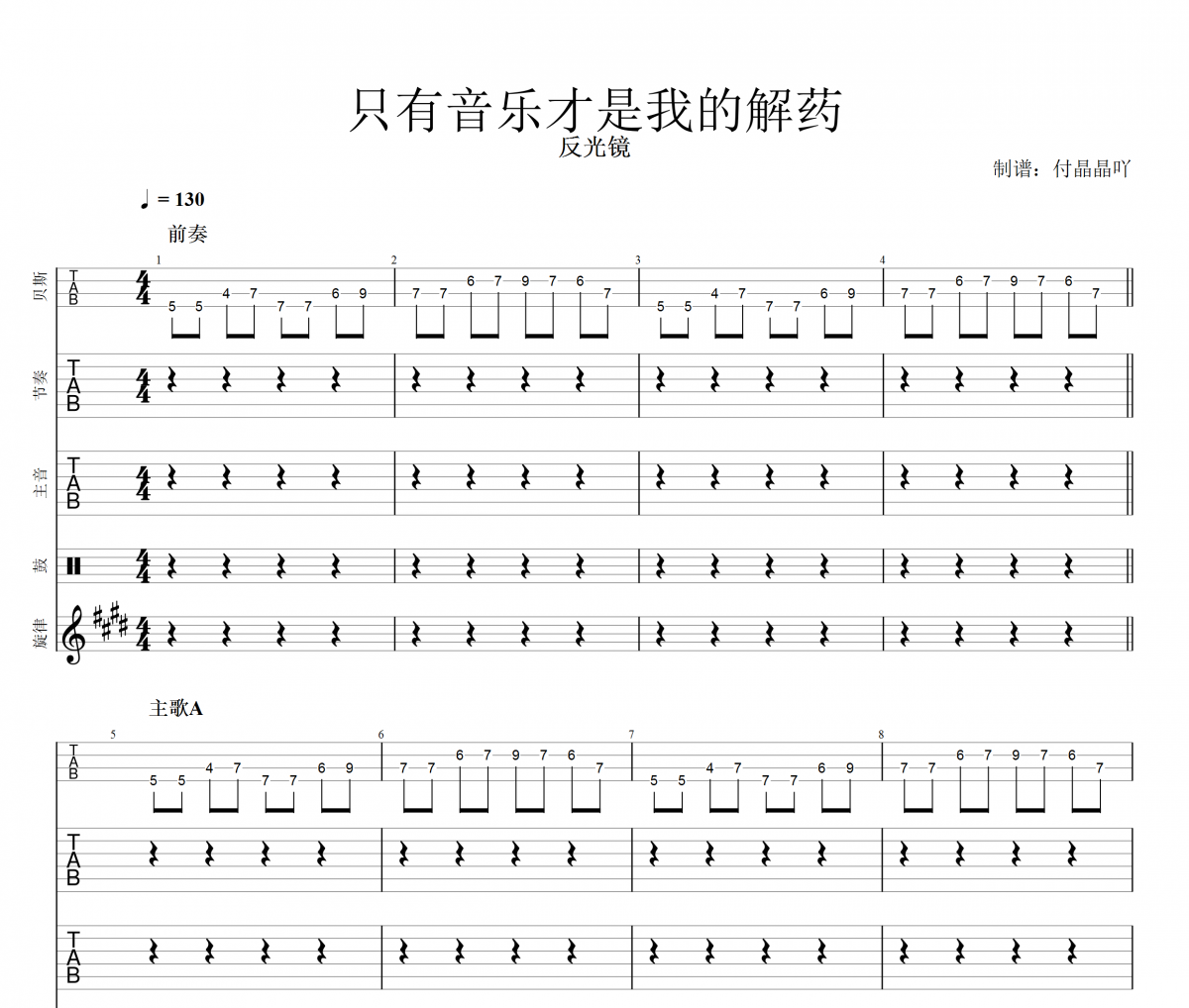 反光镜乐队-只有音乐是我的解药(总谱)架子鼓吉他钢琴贝斯谱