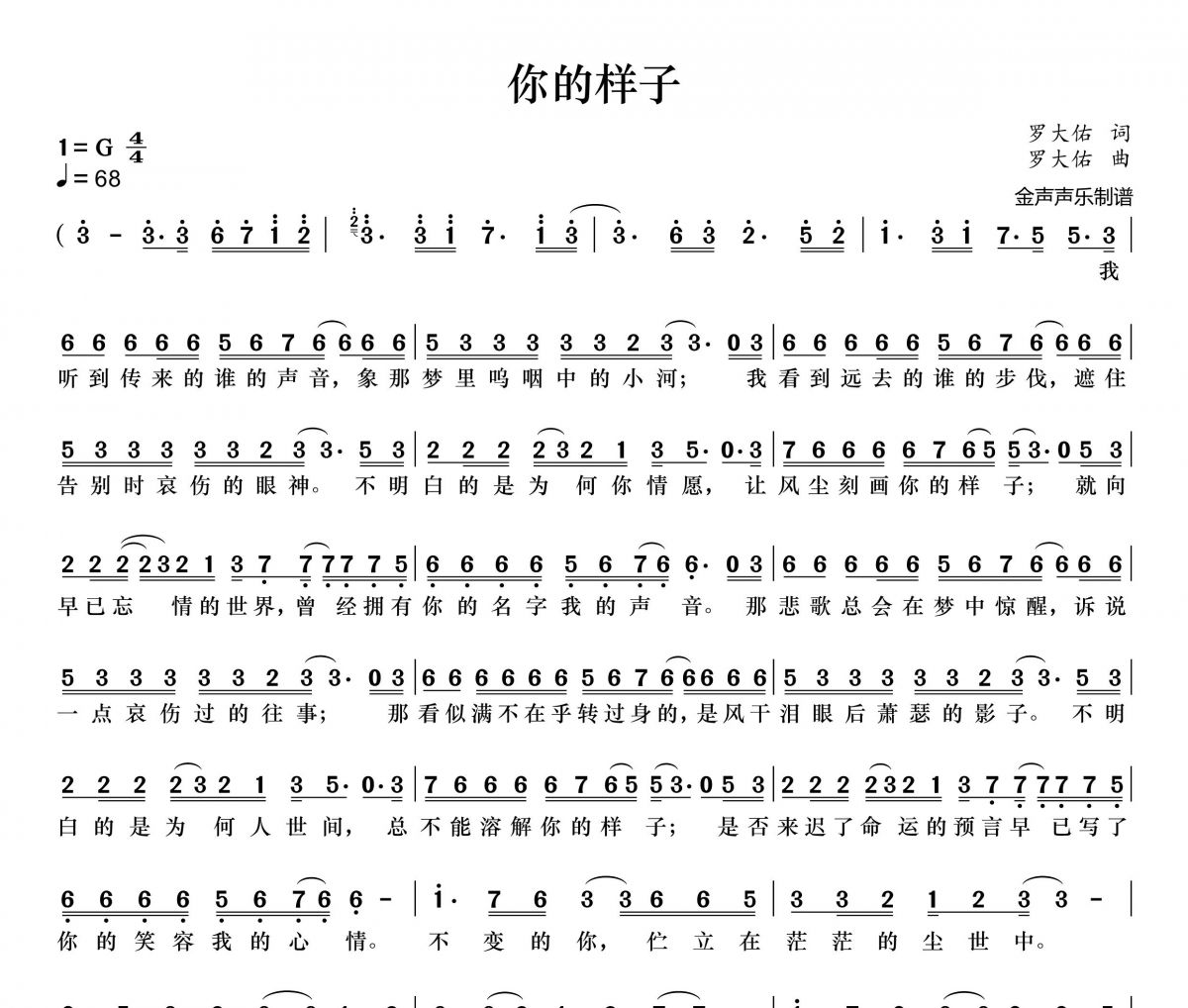 林志炫-你的样子简谱G调