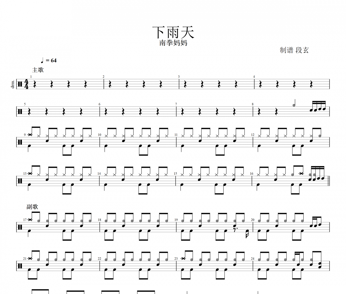 下雨天架子鼓谱 南拳妈妈-下雨天鼓谱