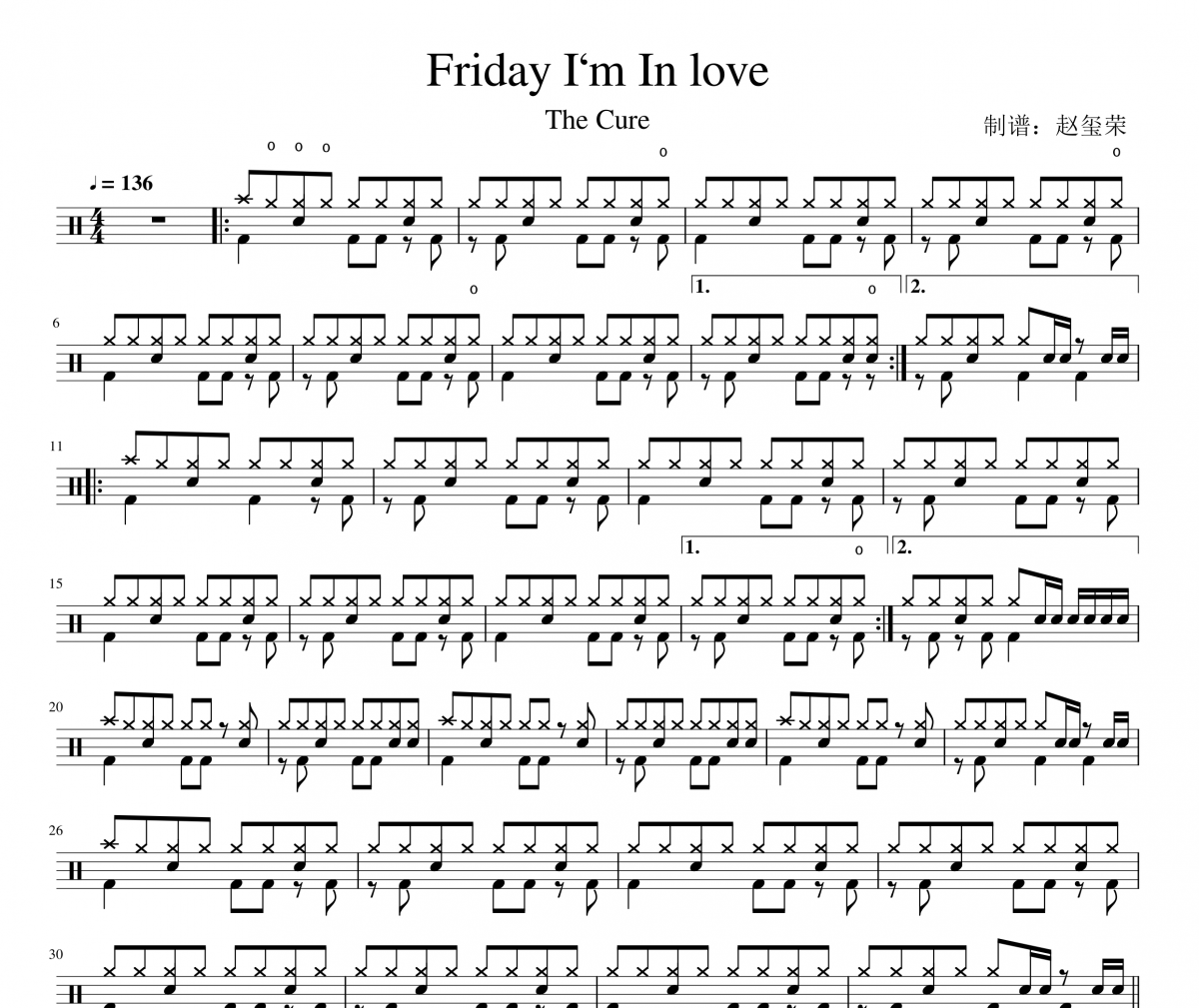 The Cure-Friday I‘m In love架子鼓谱爵士鼓曲谱