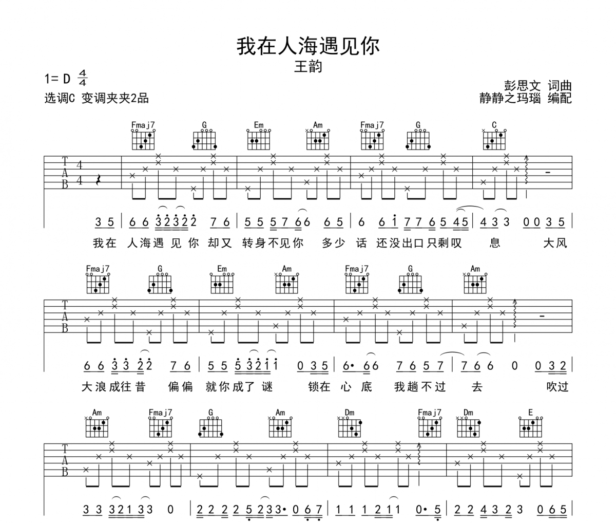 我在人海遇见你吉他谱 王韵-我在人海遇见你六线谱C调编配