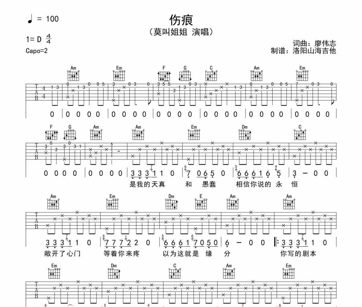 莫叫姐姐《伤痕》吉他谱六线谱