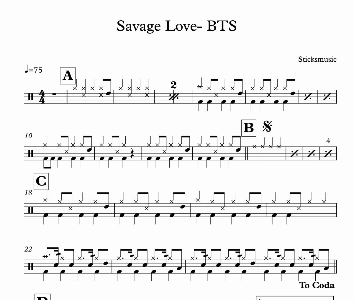 BTS-Savage Love架子鼓谱爵士鼓曲谱