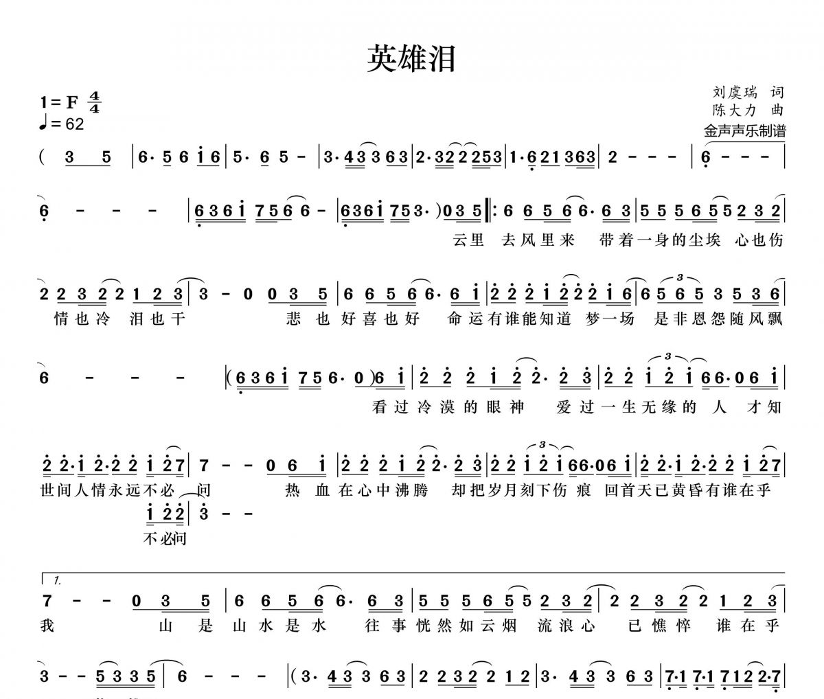 王杰-英雄泪简谱F调