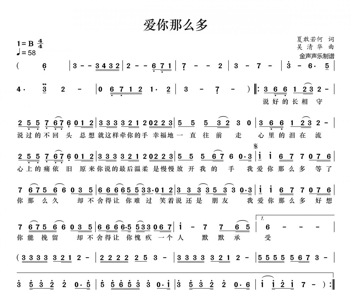 陈瑞-爱你那么多简谱B调