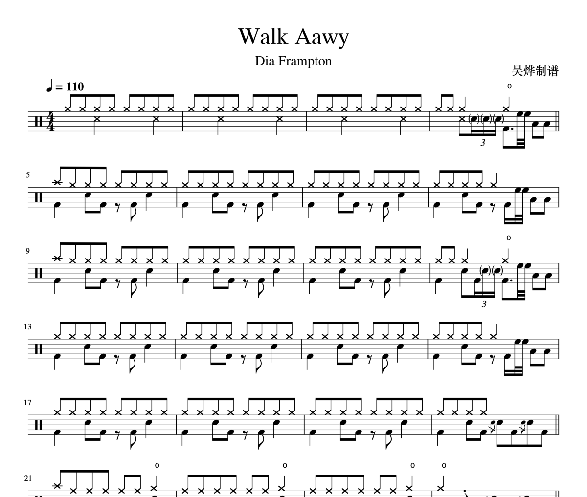 Dia Frampton-Walk Away架子鼓谱爵士鼓曲谱
