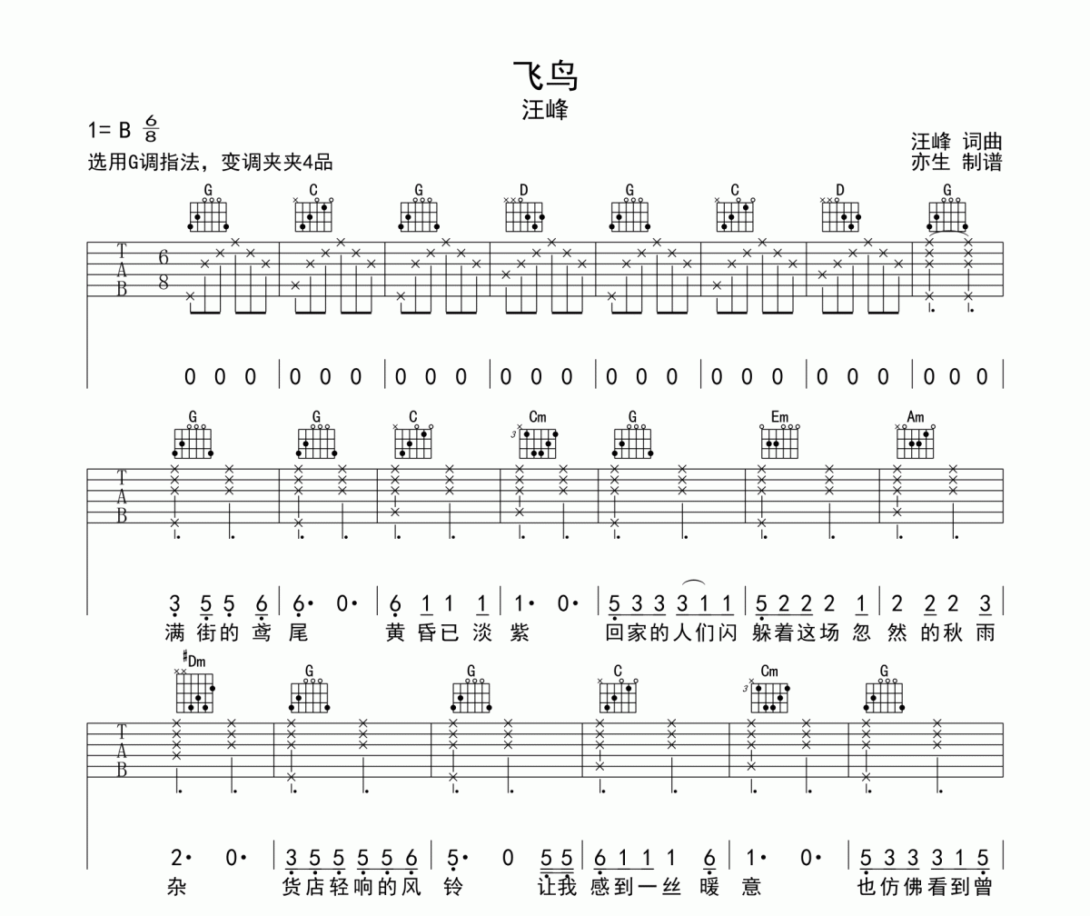 汪峰-飞鸟吉他谱G调指法弹唱谱