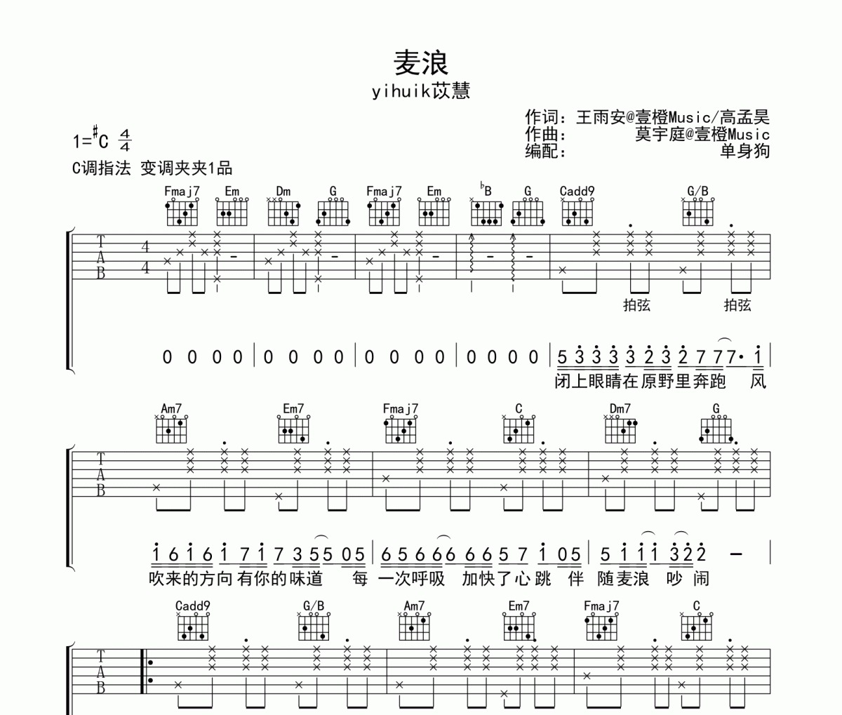 麦浪吉他谱 yihuik苡慧-麦浪弹唱谱C调指法