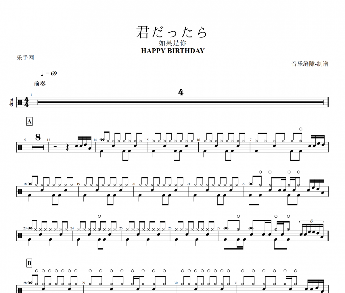 HAPPY BIRTHDAY-君だったら架子鼓谱爵士鼓曲谱