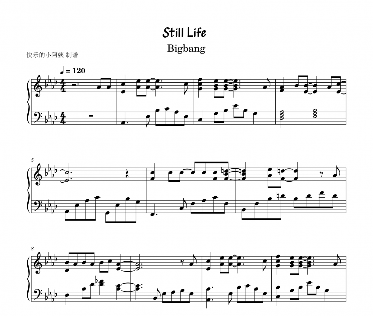 bigbang比格邦 Still Life春夏秋冬钢琴谱五线谱