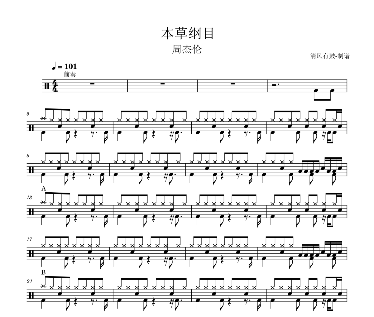 周杰伦 本草纲目爵士鼓谱 清风有鼓制谱