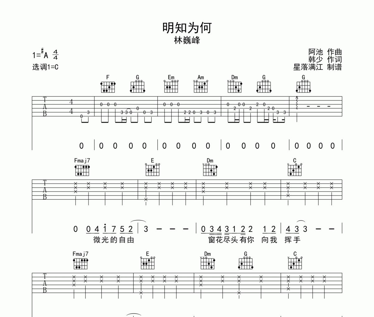 林巍峰-明知为何吉他谱六线谱C调