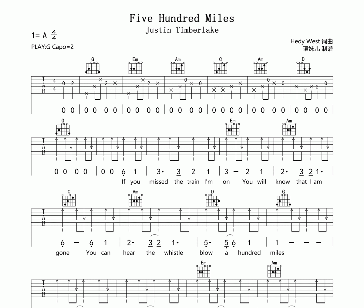 Justin Timberlake-Five Hundred Miles吉他谱弹唱谱