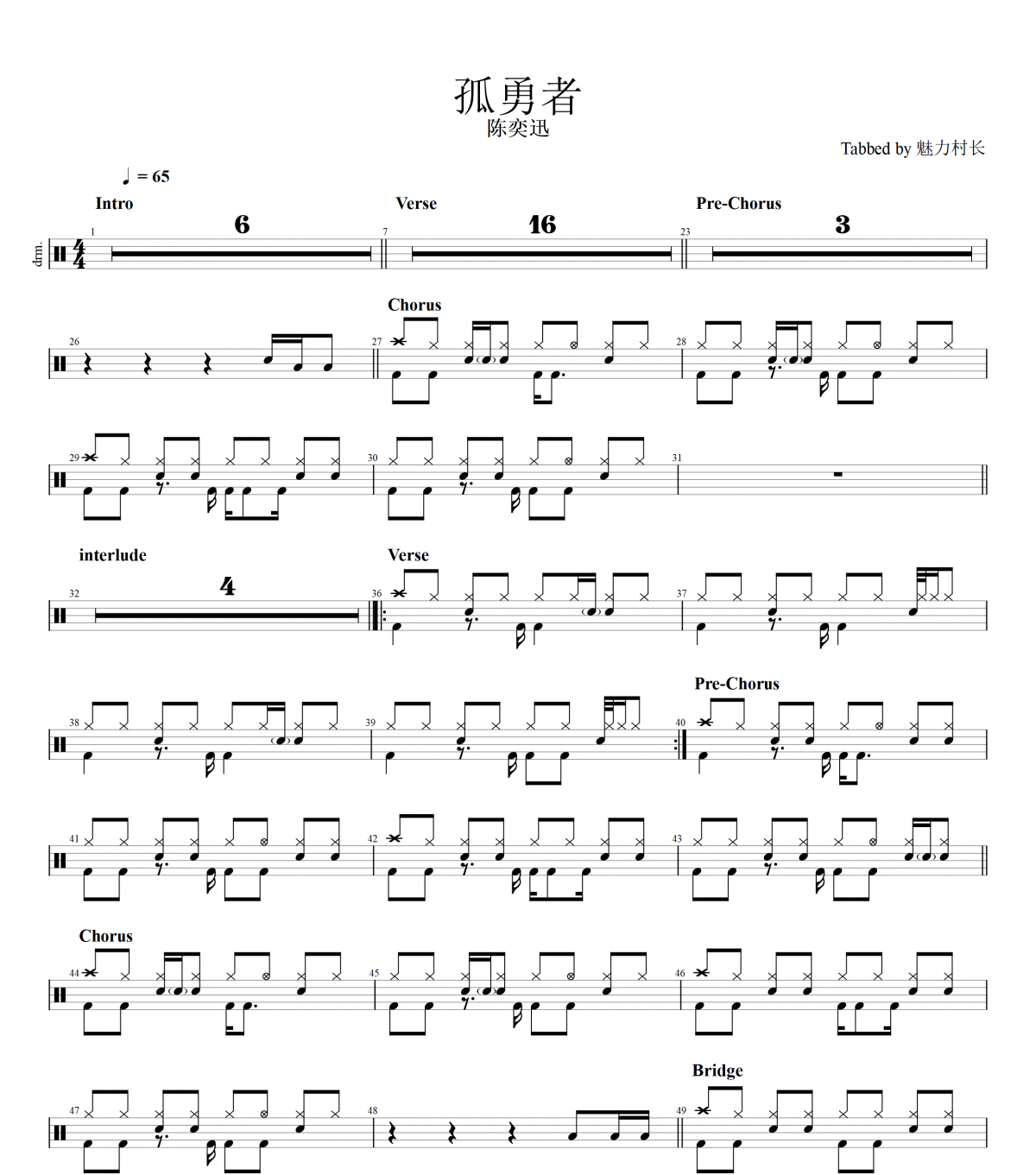 陈奕迅-孤勇者（完全版）架子鼓谱爵士鼓曲谱