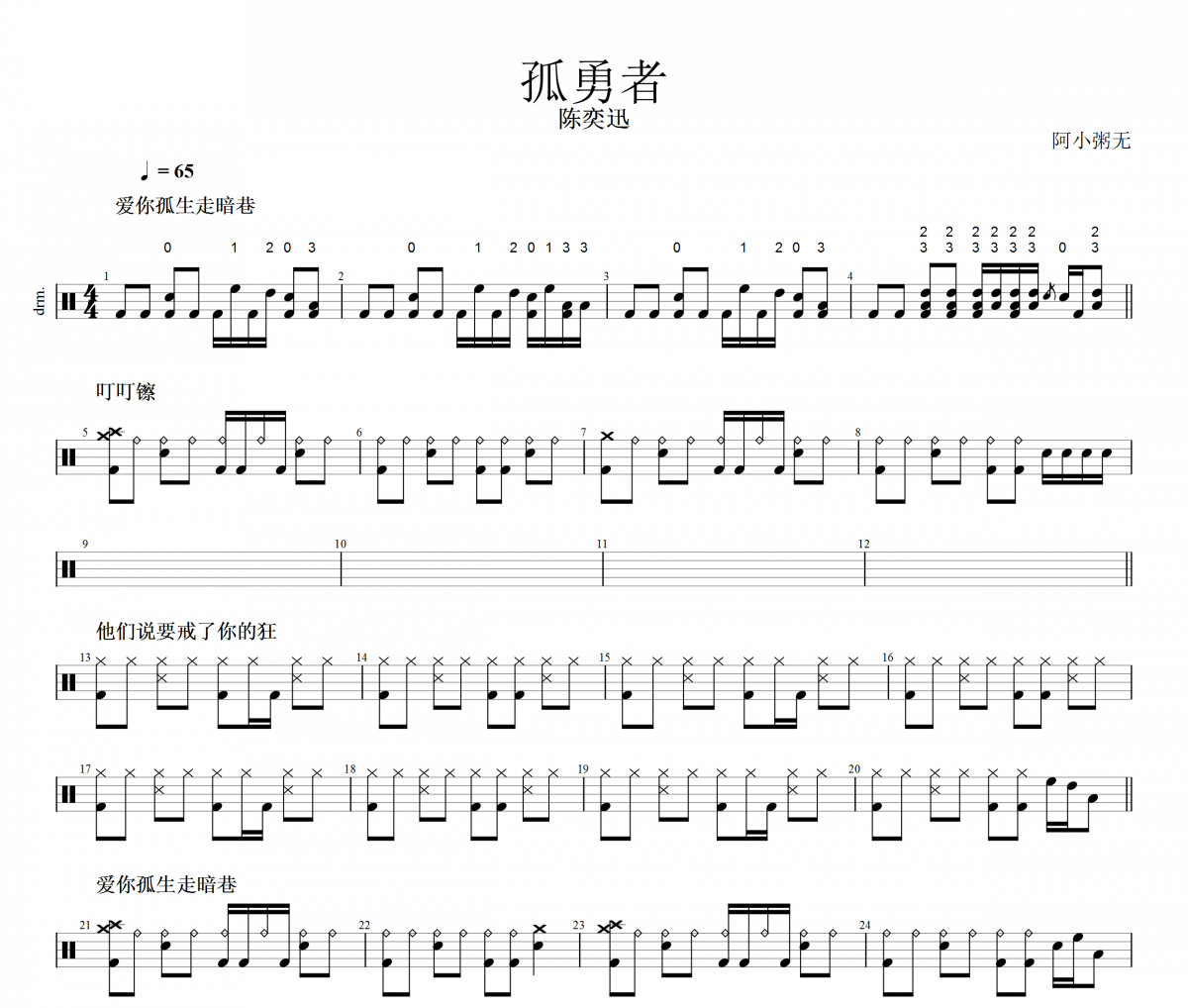 陈奕迅-孤勇者(改编版)架子鼓谱 阿小粥无制谱