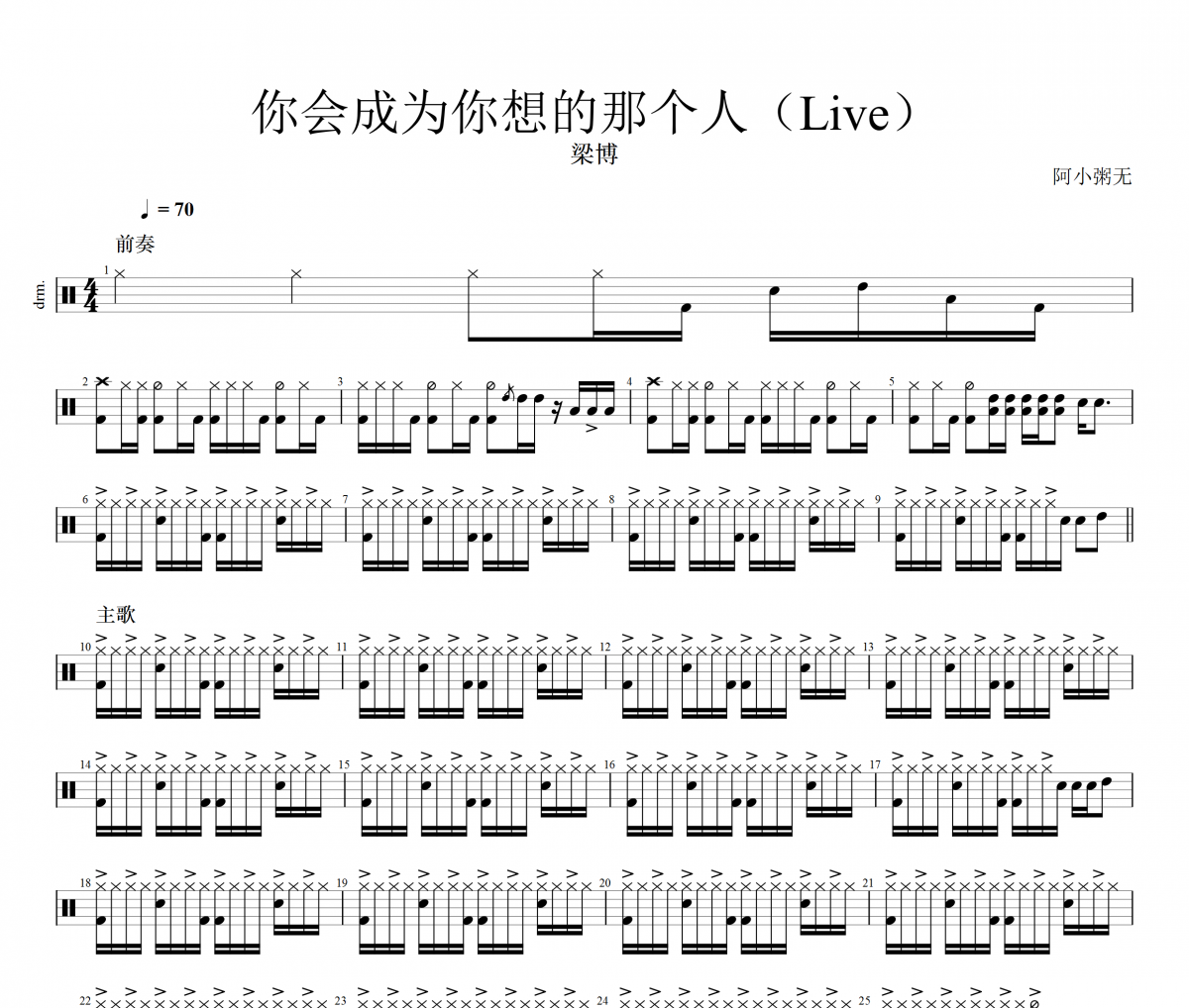 梁博-你会成为你想的那个人（live）架子鼓谱爵士鼓曲谱