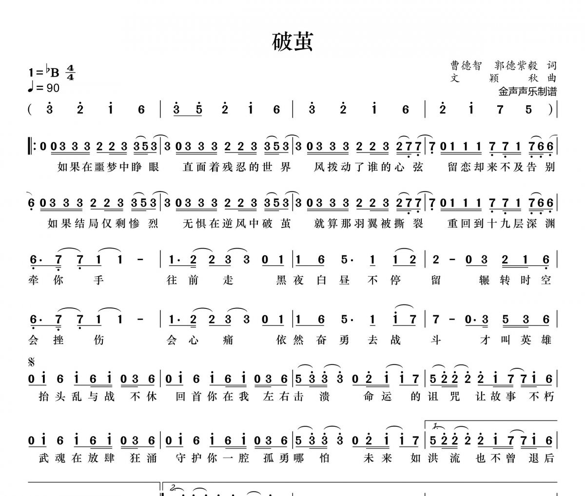 张韶涵-破茧简谱降B调