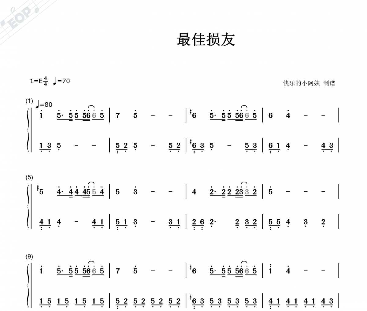 陈奕迅 最佳损友-数字双手简谱