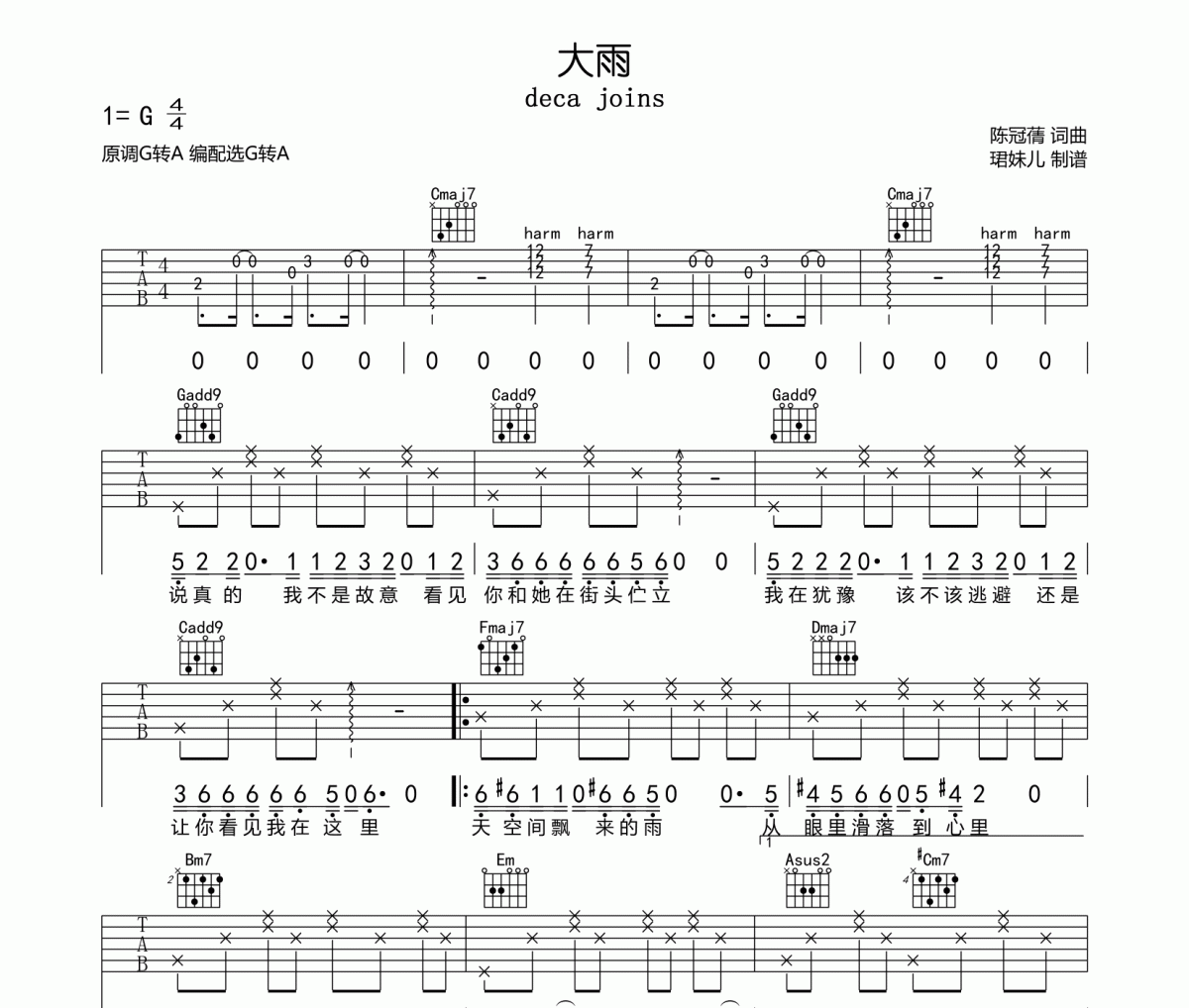 大雨吉他谱 deca joins-大雨六线谱