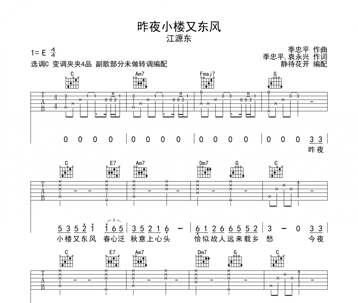 昨夜小楼又东风吉他谱 江源东-昨夜小楼又东风弹唱谱