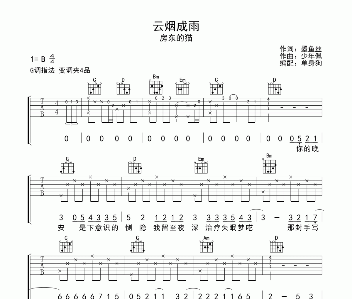云烟成雨吉他谱 房东的猫-云烟成雨弹唱谱