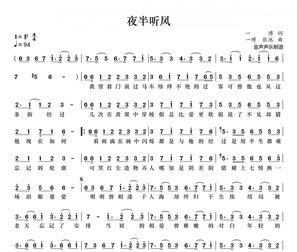 阿悠悠-夜半听风简谱F调+动态简谱