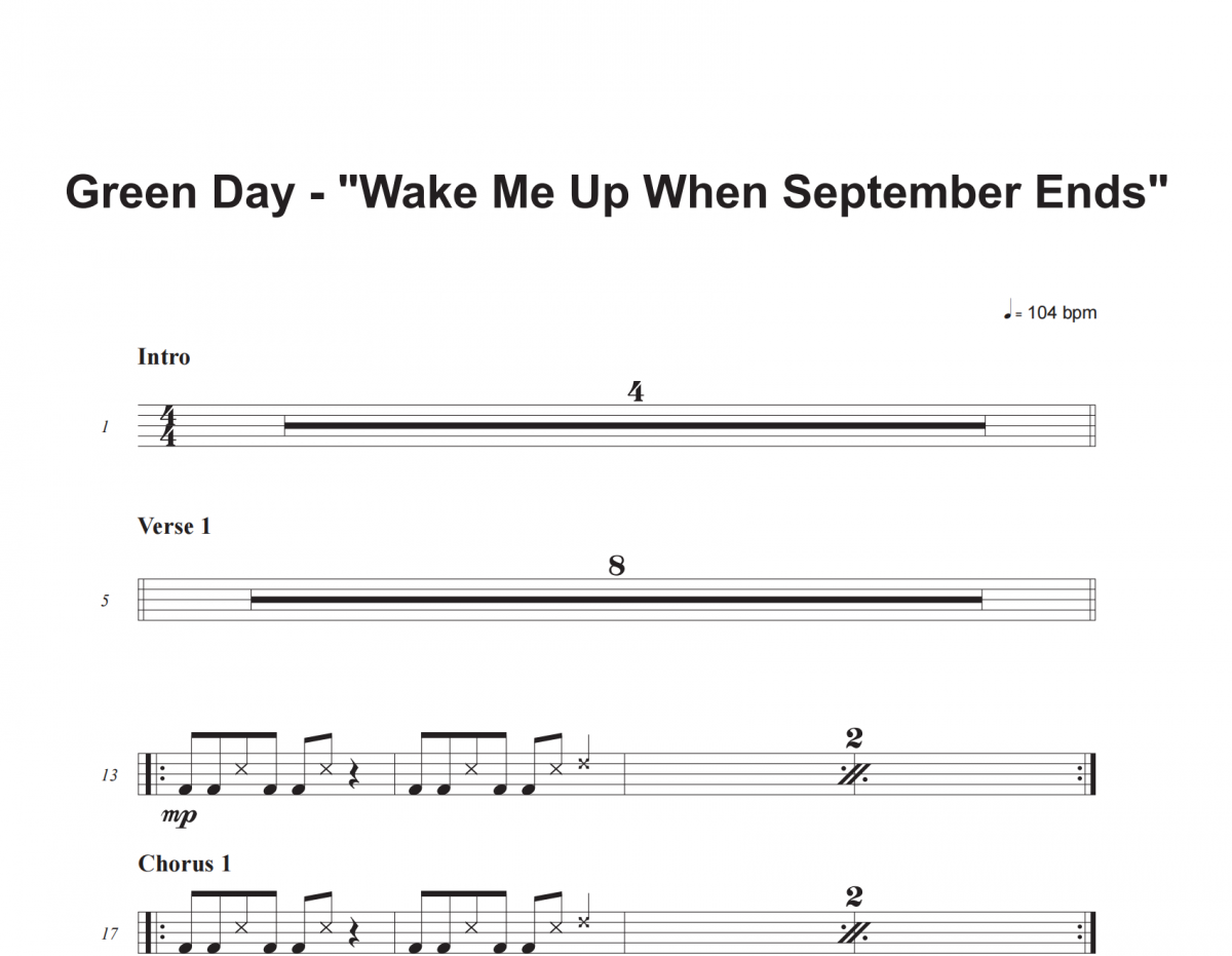 Green Day-Wake Me Up When September Ends鼓谱 老虎不说谎制谱